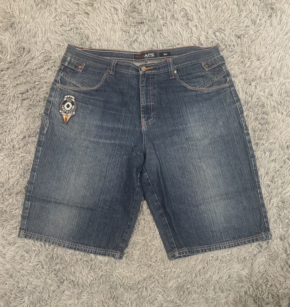 Y2K Red Ape Baggy Denim Jorts Size 44 Medium Wash Embroidered Skater